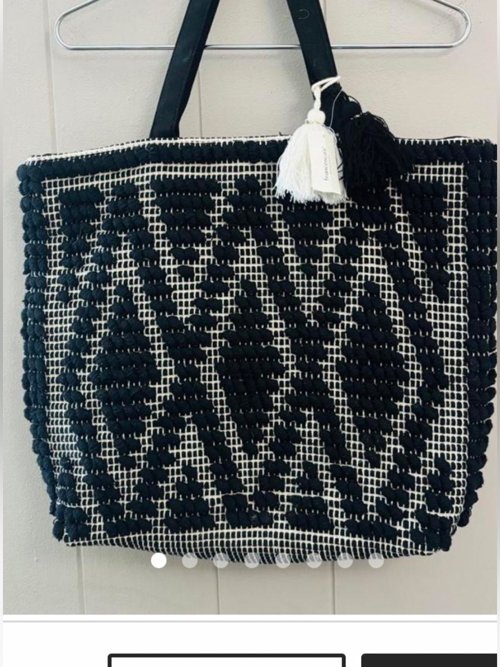 Black & White Woven Tote with Tassel Accent